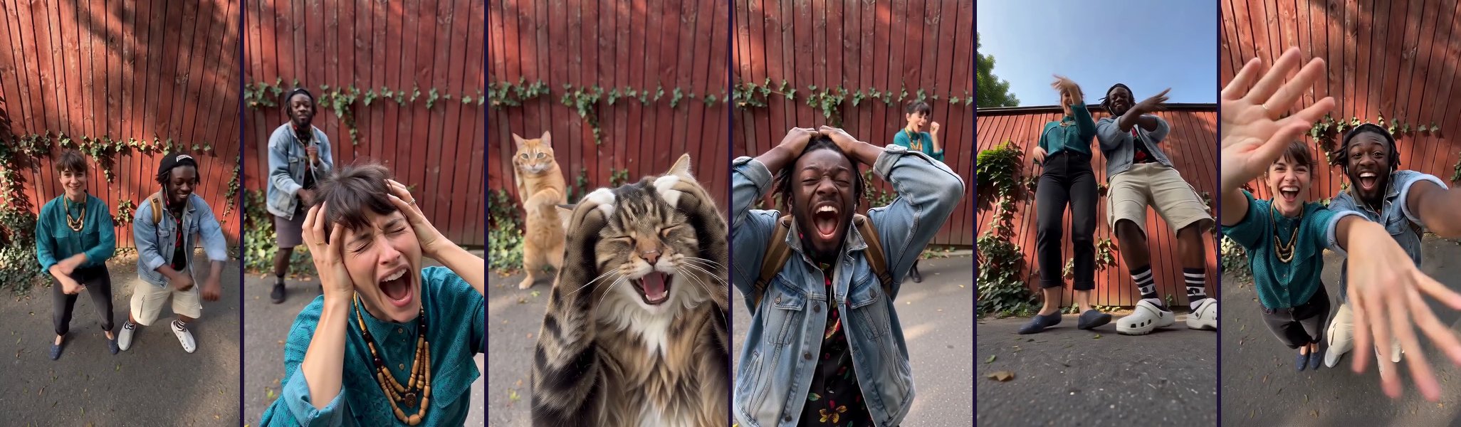 Frames from Smalltown Boy AI videos: a duo dancing, both screams, a cat yowling, the low-angle shot and the final rush at the camera